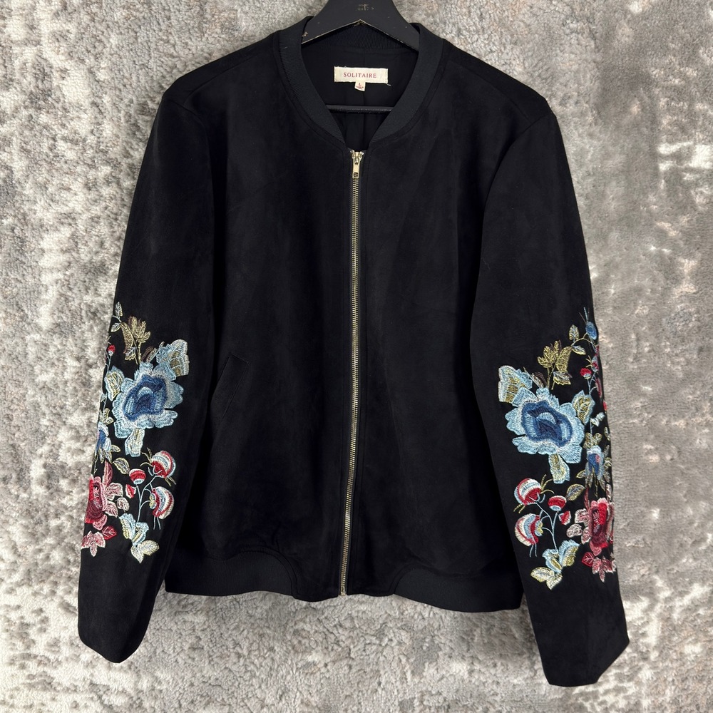 Solitaire Size‎ L Floral Embroidered Faux Suede Bomber Jacket Black Long Sleeve